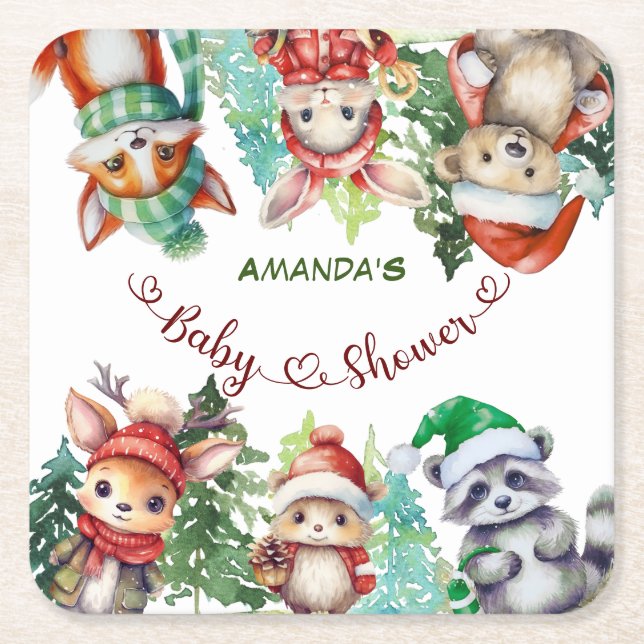 Winter Woodland Animals Baby Shower  Square Paper Coaster (Front)