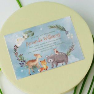 Winter Woodland Animals Berries Pine Cotton Baby Invitation