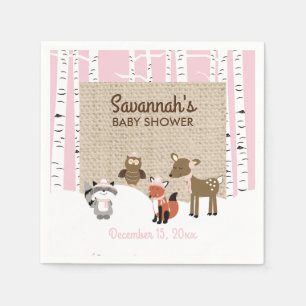 Winter Woodland Animals Birch Tree Napkin Pink