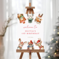 Winter woodland animals birthday welcome sign