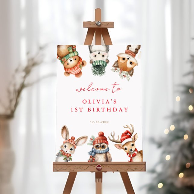 Winter woodland animals birthday welcome sign (Creator Uploaded)