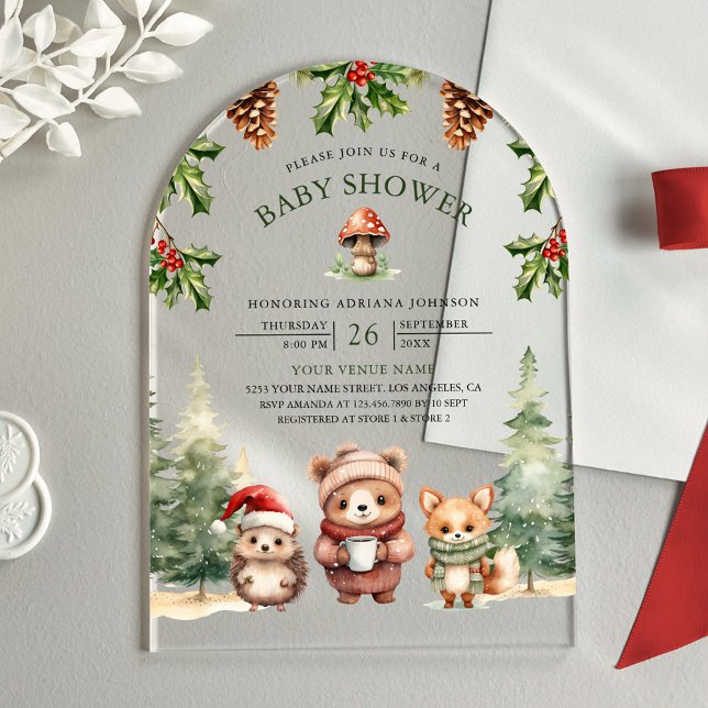 Winter Woodland Animals Christmas Arch Baby Shower Acrylic Invitations (Creator Uploaded)