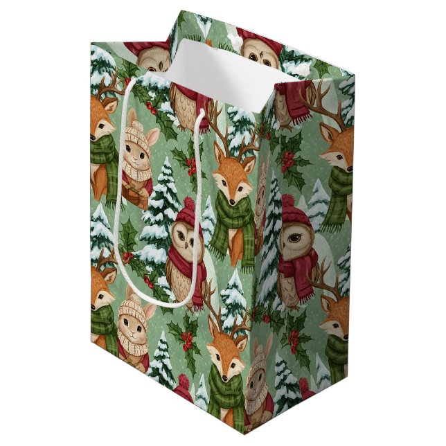 Winter Woodland Animals Christmas Pattern Medium Gift Bag (Front Angled)