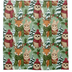Winter Woodland Animals Christmas Pattern Shower Curtain