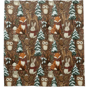 Winter Woodland Animals Christmas Pattern Shower Curtain