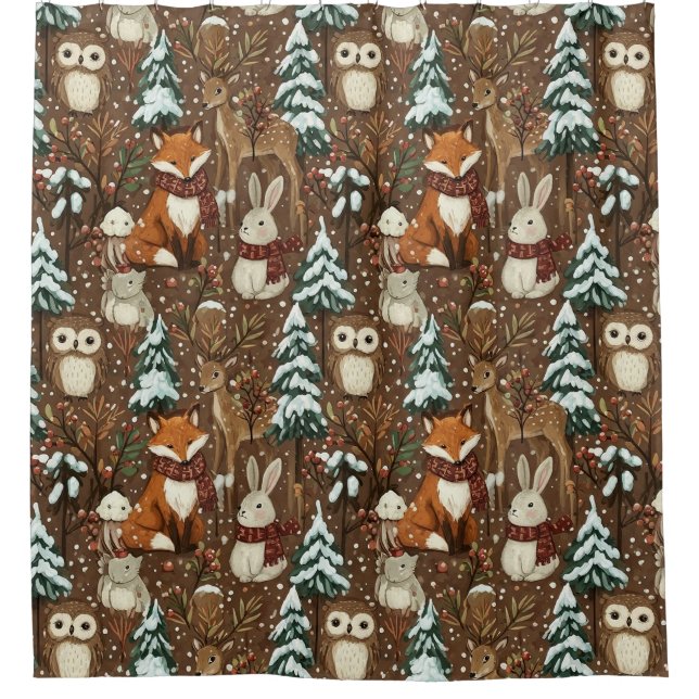 Winter Woodland Animals Christmas Pattern Shower Curtain (Front)