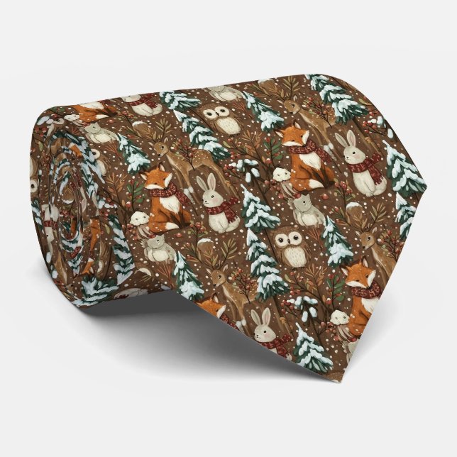 Winter Woodland Animals Christmas Pattern Tie (Rolled)