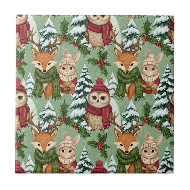 Winter Woodland Animals Christmas Pattern Tile (Front)