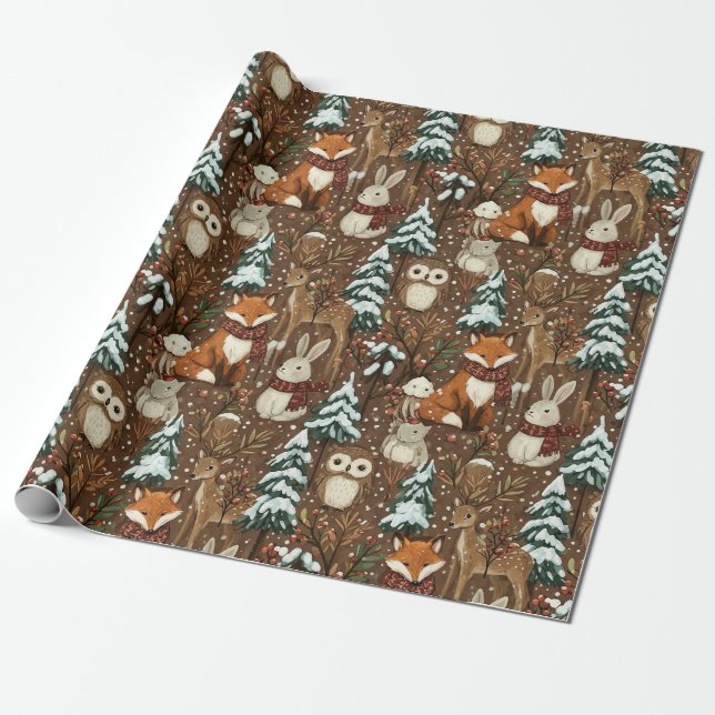 Winter Woodland Animals Christmas Pattern Wrapping Paper (Unrolled)