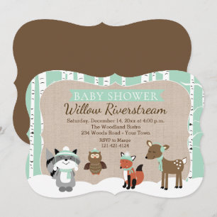 Winter Woodland Animals Die Cut Mint Baby Shower Invitation