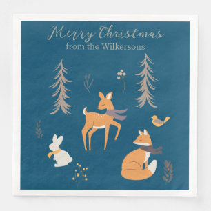 Winter Woodland Animals Folk Art Blue Christmas Napkin