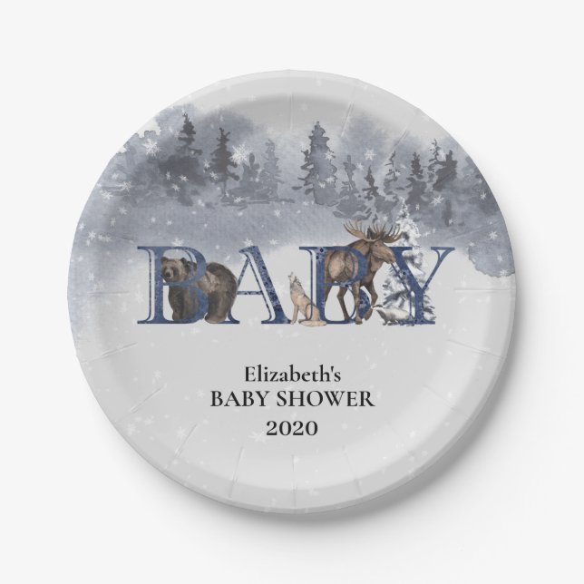 Winter Woodland Animals Holiday Bear Moose Paper Plate (Front)