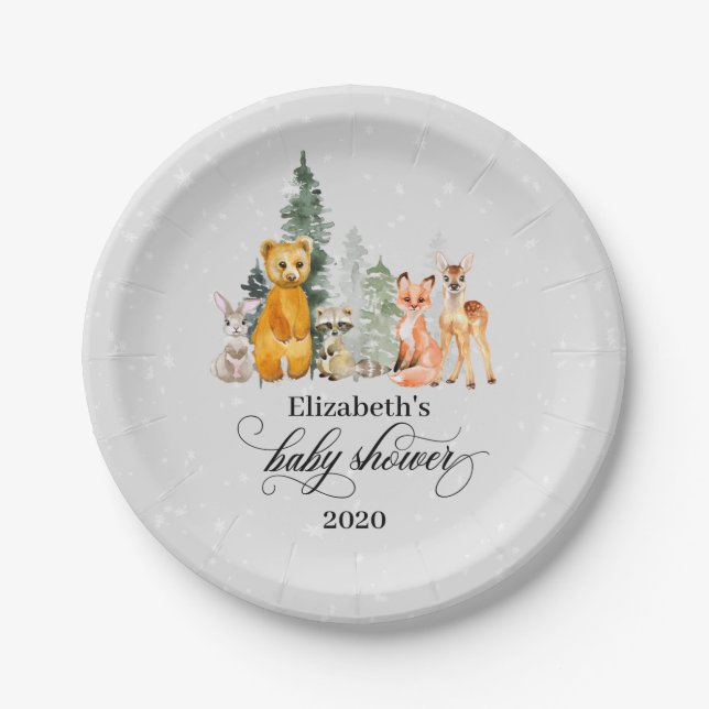 Winter Woodland Animals Holiday Paper Plate (Front)