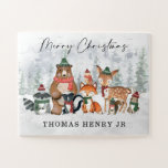 Winter Woodland Animals Merry Christmas Holiday Jigsaw Puzzle<br><div class="desc">This magical design features a group of adorable woodland animals and frosty forest landscape in elegantly muted holiday colours.</div>