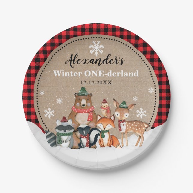 Winter Woodland Animals Onederland 1st Birthday Paper Plate (Front)