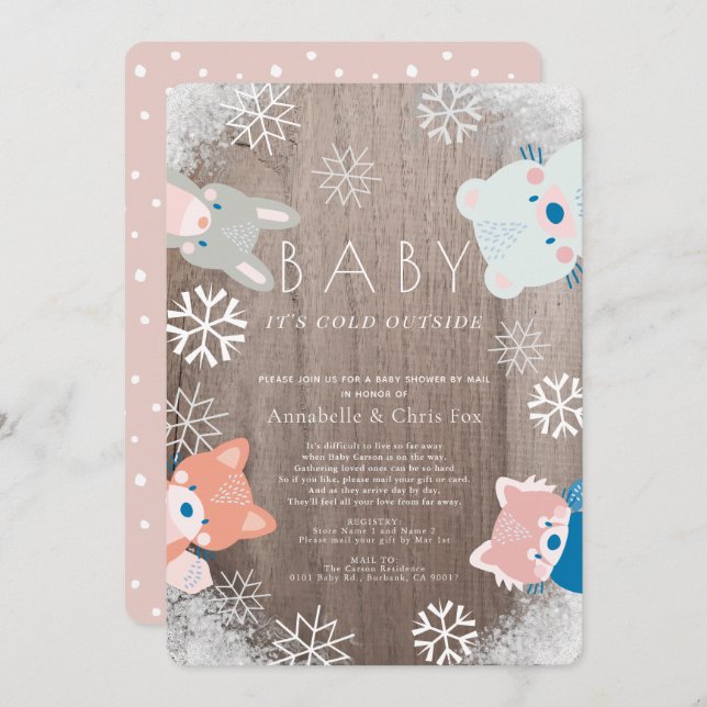Winter Woodland Animals Pink Baby Shower by Mail Invitation (Front/Back)