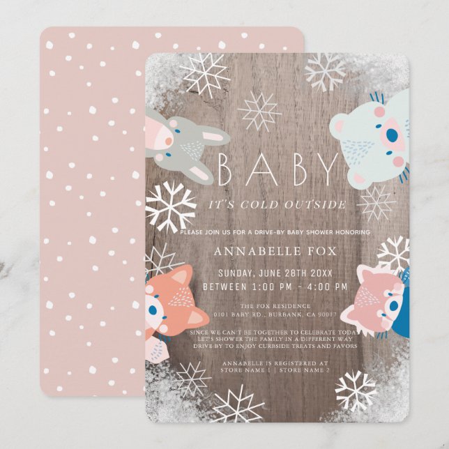 Winter Woodland Animals Pink Drive-by Baby Shower Invitation (Front/Back)