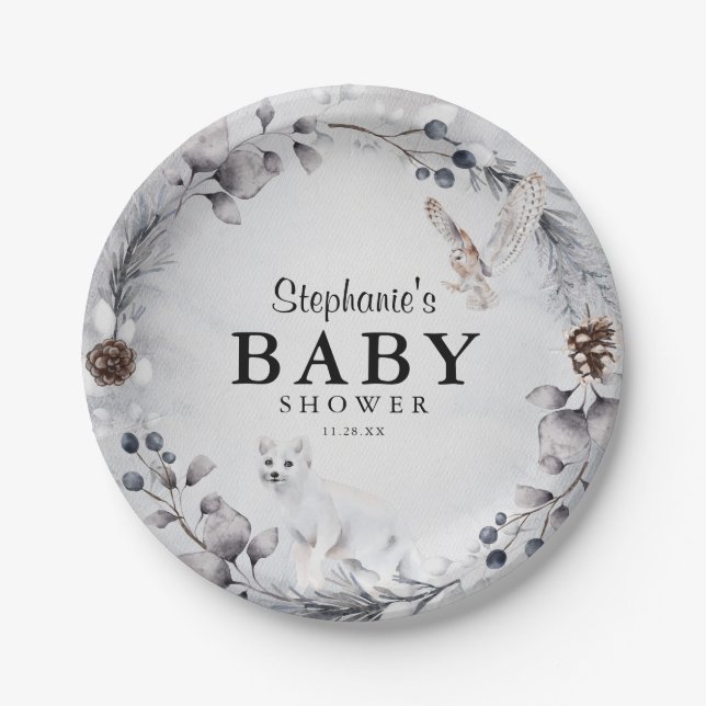 Winter Woodland Animals Watercolor Baby Shower  Paper Plate (Front)