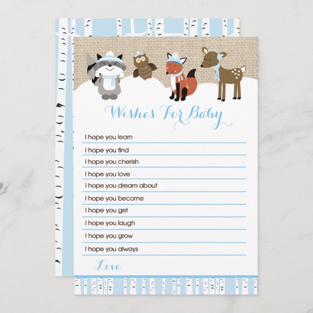 Winter Woodland Animals Wishes for Baby (Blue) Invitation (Front/Back)