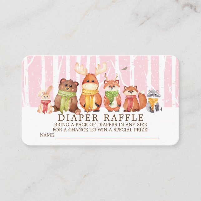 Winter Woodland Baby Animals Diaper Raffle Ticket Enclosure Card (Front)