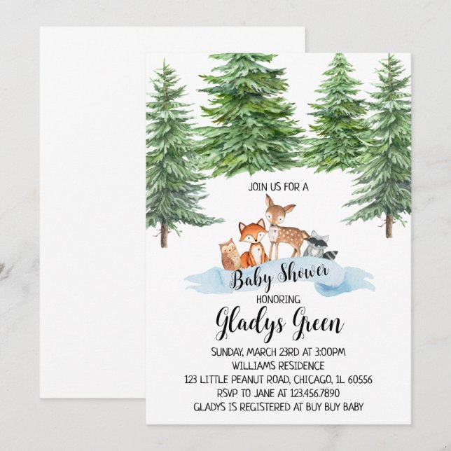 Winter Woodland Baby Shower Invitation  (Front/Back)