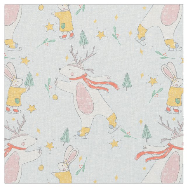 Winter Woodland Bear Bunny Pattern Fabric (Close Up)