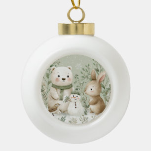 Winter Woodland Bear Bunny Snowman  Ceramic Ball Christmas Ornament