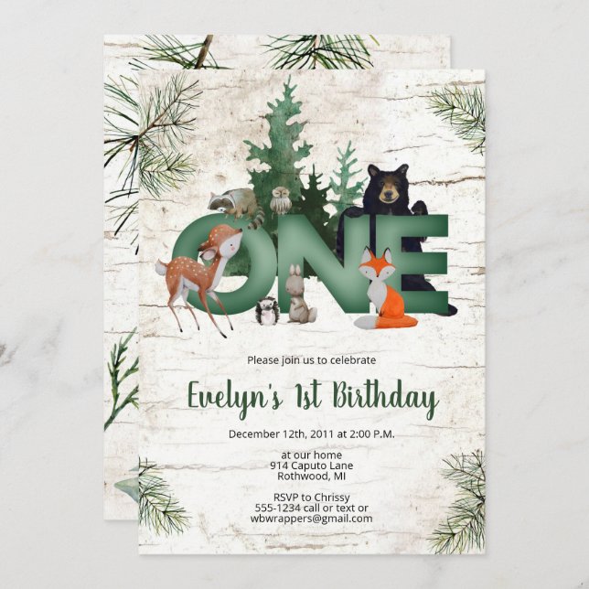 Winter Woodland Birthday Invitation - 1st Birthday (Front/Back)