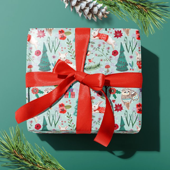 Winter Woodland Blue & red Animals forest pattern Wrapping Paper (Cute woodland animals and Penguins Christmas Holiday wrapping paper.)