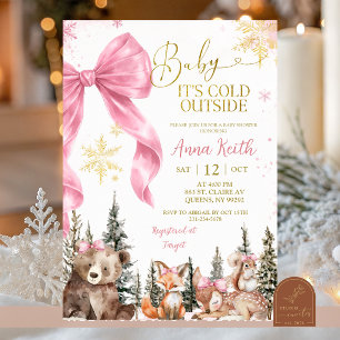 Winter Woodland Bow Pink Baby Shower Invitation