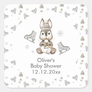 Winter Woodland Bunny Ice Skate Baby Shower  Square Sticker