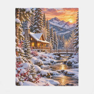 Winter Woodland Cabin Fleece Blanket
