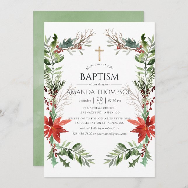 Winter Woodland Christmas Baptism or Christening Invitation (Front/Back)
