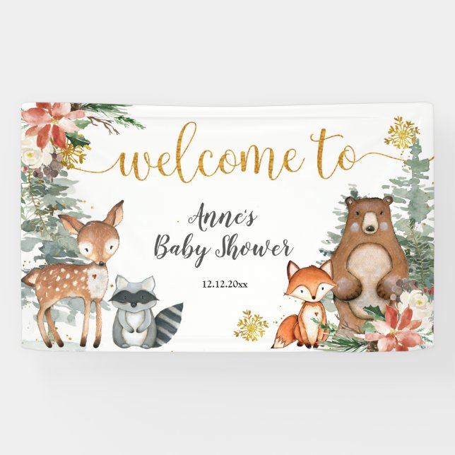 Winter Woodland Christmas Floral Baby Shower Banner (Horizontal)