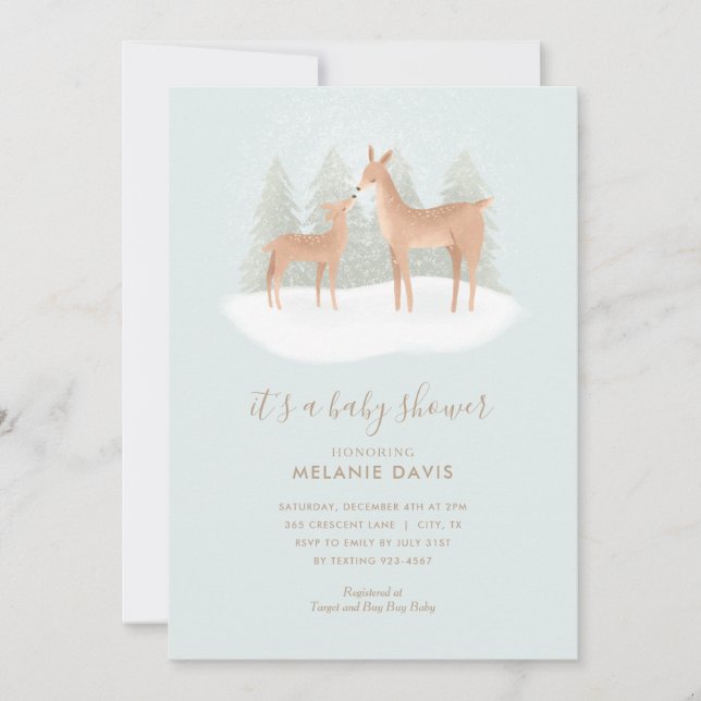 Winter Woodland Deer Blue Baby Shower Invitation (Front)