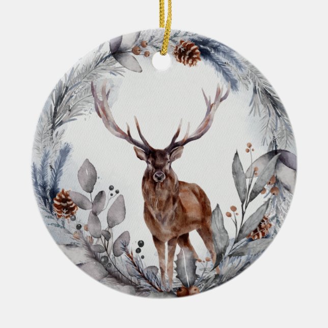 Winter Woodland Deer  Ceramic Tree Decoration (Front)