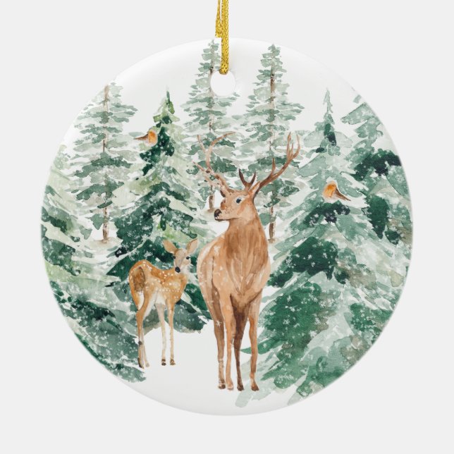 Winter Woodland Deer Christmas Ceramic Ornament (Back)