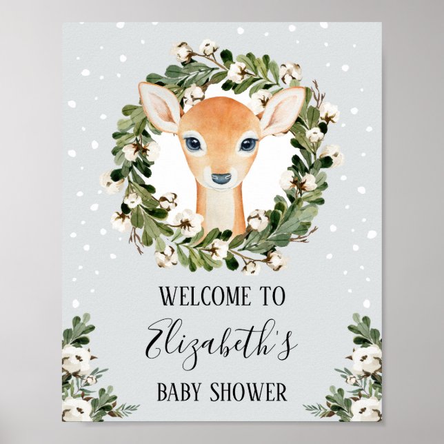 Winter Woodland Deer Forest Fawn Baby Shower Party Poster (Front)