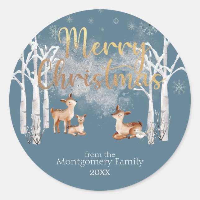 Winter Woodland Deer & Gold Christmas on Blue Classic Round Sticker (Front)
