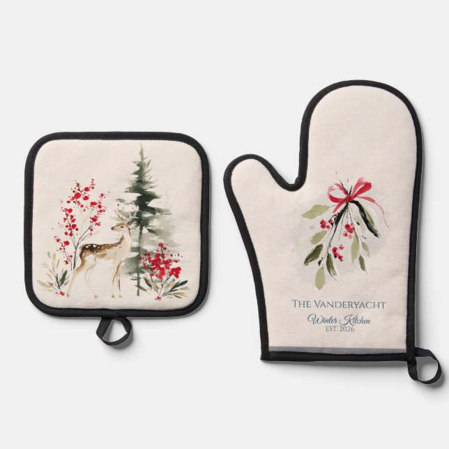 Winter Woodland Deer & Mistletoe Oven Mitt & Pot Holder Set (Front)