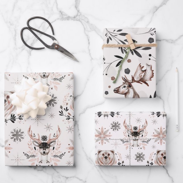 Winter Woodland Deer Modern Botanical Watercolor Wrapping Paper Sheet (Front)