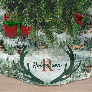 Winter Woodland Deer Monogram Christmas  Brushed Polyester Tree Skirt