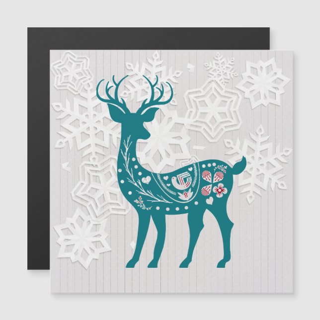 Winter Woodland Elk Deer Snowflake Magnet Card (Front/Back)