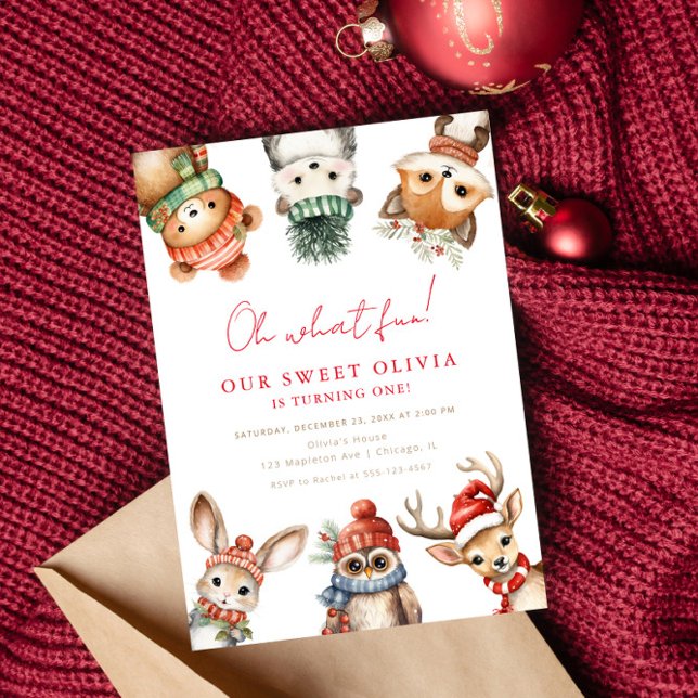 Winter woodland forest animals 1st birthday party invitation (Creator Uploaded)