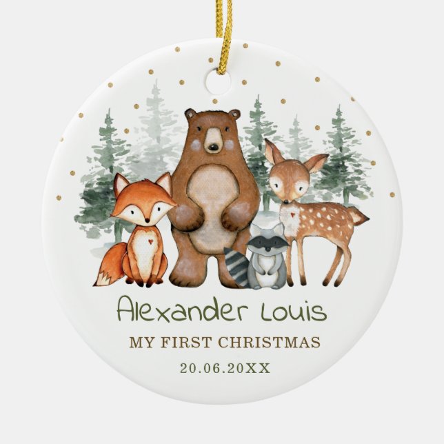 Winter Woodland Forest Animals Baby 1st Christmas Ceramic Tree Decoration (Front)