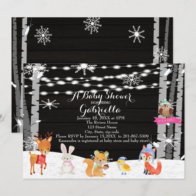 Winter Woodland Forest Baby Girl Shower Invitation (Front/Back)