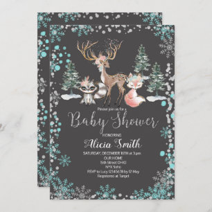 Winter Woodland Forest Baby Shower Invitation Mint