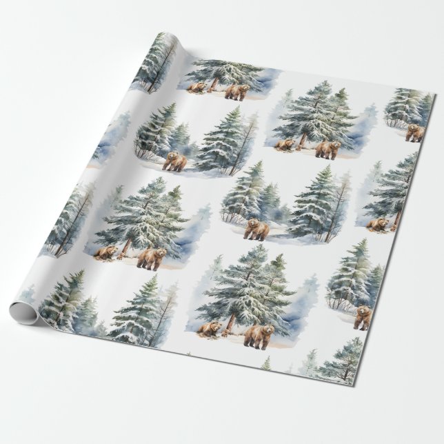 Winter Woodland Forest Grizzly Bear Family Holiday Wrapping Paper (Unrolled)