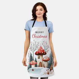 Winter Woodland Forest Mushrooms Merry Christmas  Apron