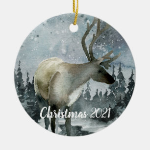 Winter Woodland Forest Stag Reindeer  Ceramic Tree Decoration
